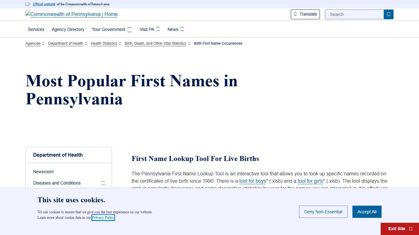 Birth First Name Occurrences Department of Health Commonwealth of Pennsylvania