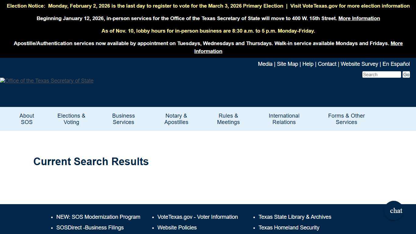 Search the Texas Secretary of State Website