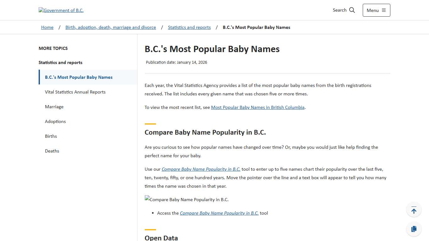 B.C.'s Most Popular Baby Names - Province of British Columbia